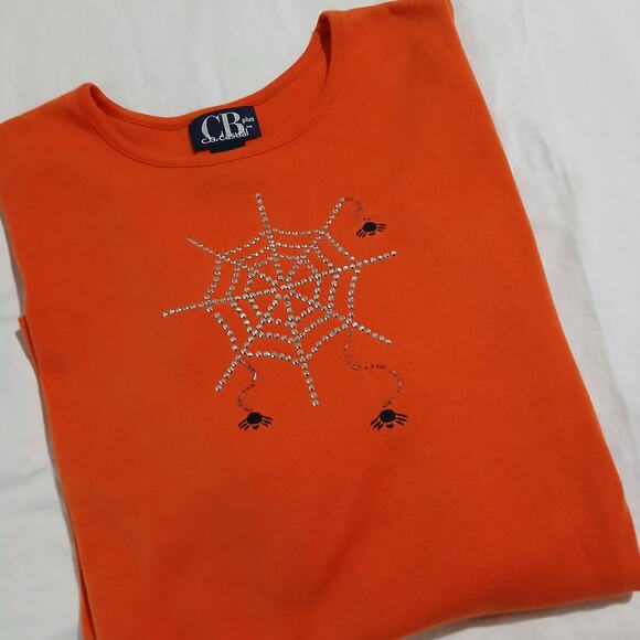 C.B Casual Plus 1X Pumpkin Colored Metallic Spider Web 3/4-Sleeve Knit Shirt - Picture 7 of 13